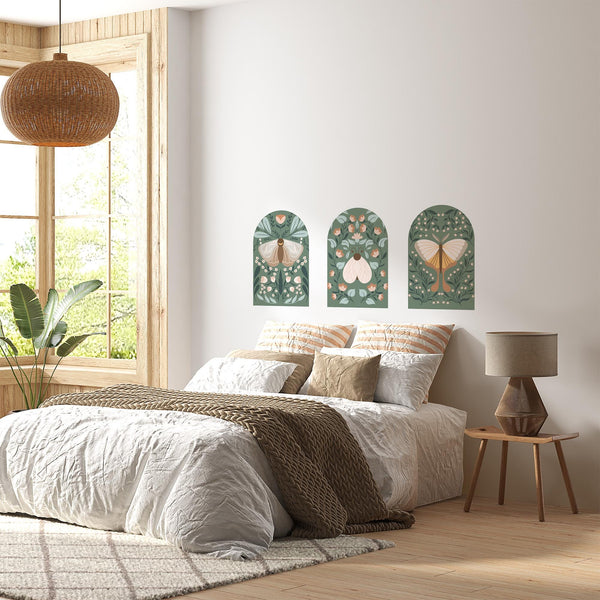 Botanical Arch Wall Decals – Sage Green Boho Butterfly and Floral Mural