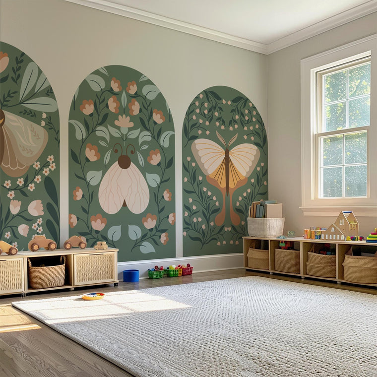 Botanical Arch Wall Decals – Sage Green Boho Butterfly and Floral Mural