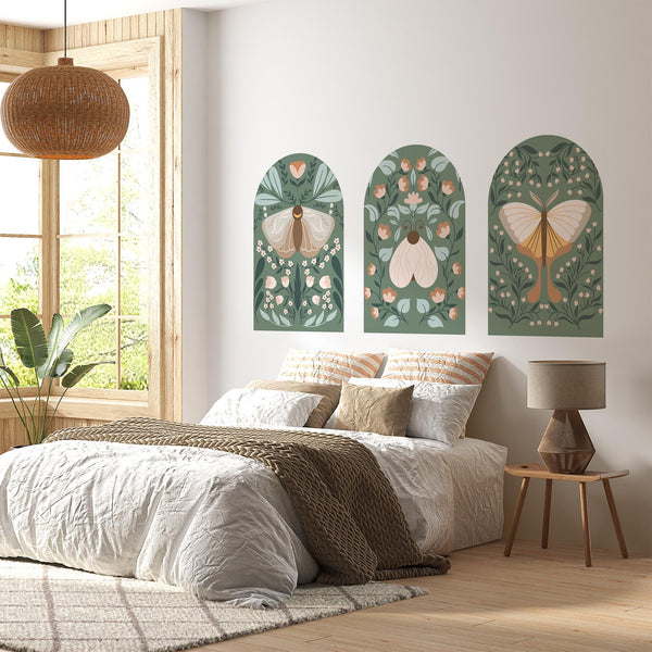 Botanical Arch Wall Decals – Sage Green Boho Butterfly and Floral Mural