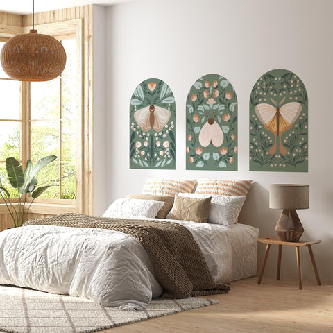 Botanical Arch Wall Decals – Sage Green Boho Butterfly and Floral Mural
