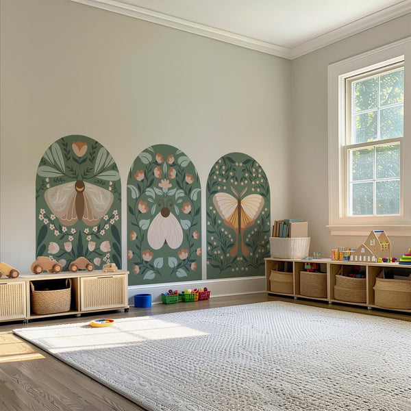 Botanical Arch Wall Decals – Sage Green Boho Butterfly and Floral Mural