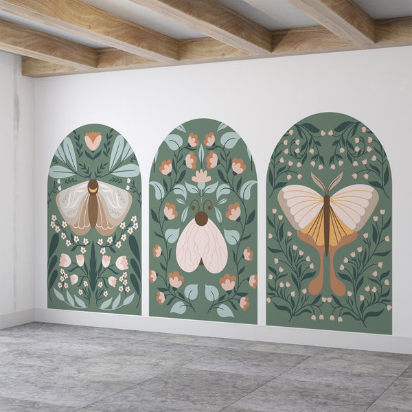 Botanical Arch Wall Decals – Sage Green Boho Butterfly and Floral Mural