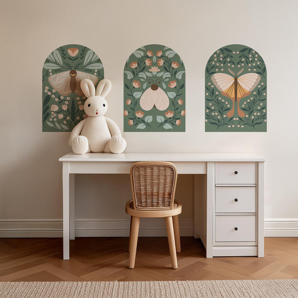 Botanical Arch Wall Decals – Sage Green Boho Butterfly and Floral Mural
