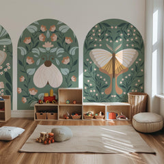Botanical Arch Wall Decals – Sage Green Boho Butterfly and Floral Mural