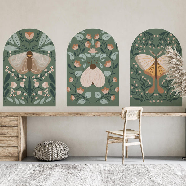 Botanical Arch Wall Decals – Sage Green Boho Butterfly and Floral Mural