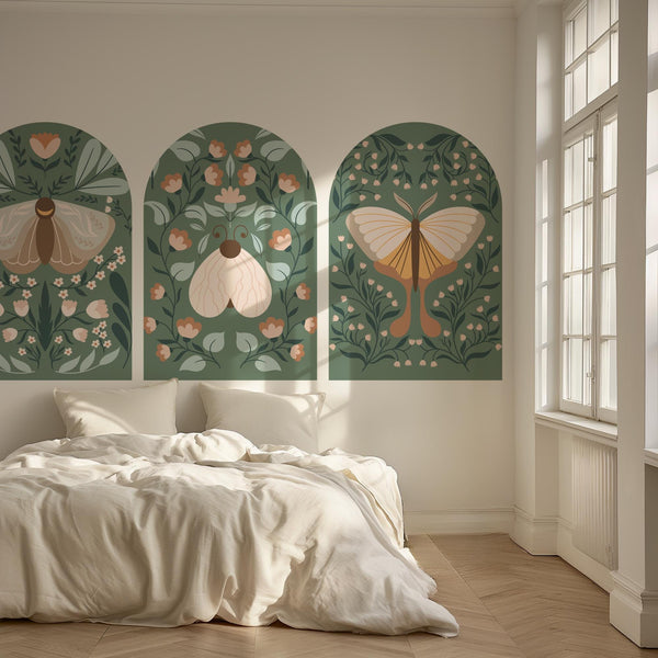Botanical Arch Wall Decals – Sage Green Boho Butterfly and Floral Mural