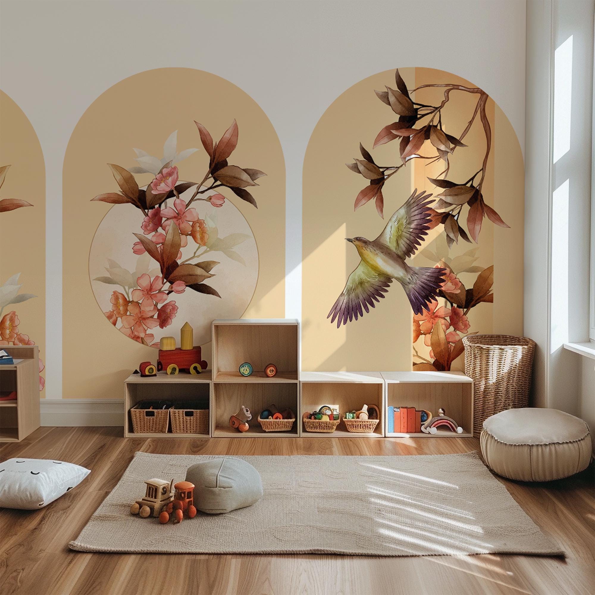 Botanical Bird Arch Wall Decal Set – Bamboo & Heron Nature Mural in Soft Orange Tones
