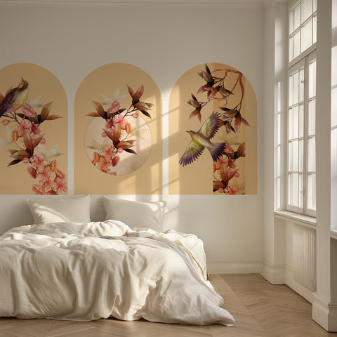 Botanical Bird Arch Wall Decal Set – Bamboo & Heron Nature Mural in Soft Orange Tones