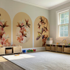 Botanical Bird Arch Wall Decal Set – Bamboo & Heron Nature Mural in Soft Orange Tones