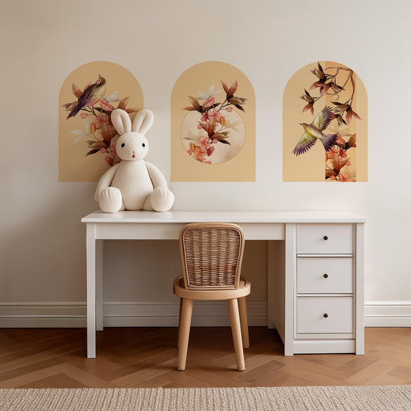 Botanical Bird Arch Wall Decal Set – Bamboo & Heron Nature Mural in Soft Orange Tones