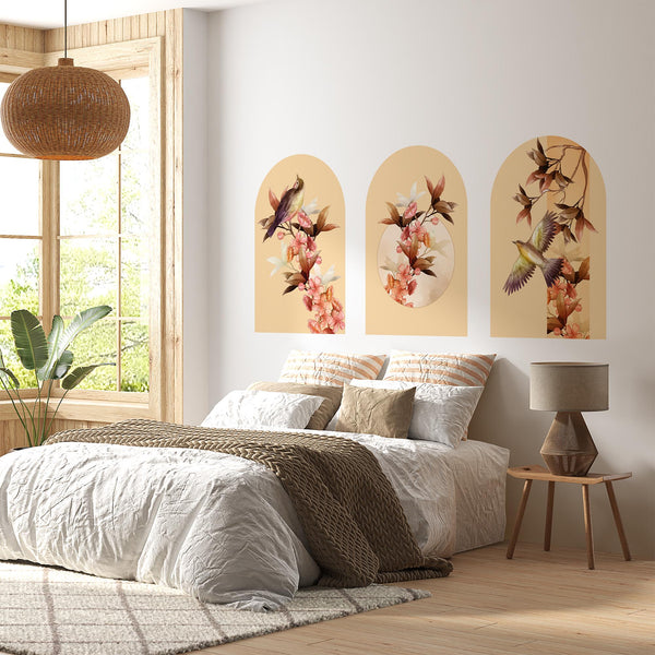 Botanical Bird Arch Wall Decal Set – Bamboo & Heron Nature Mural in Soft Orange Tones