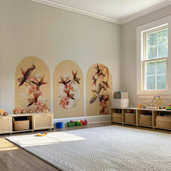 Botanical Bird Arch Wall Decal Set – Bamboo & Heron Nature Mural in Soft Orange Tones