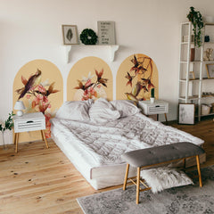 Botanical Bird Arch Wall Decal Set – Bamboo & Heron Nature Mural in Soft Orange Tones