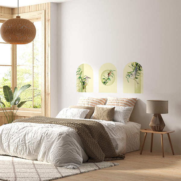 Botanical Bird Arch Wall Decal Set – Bamboo and Heron Nature Mural in Soft Green Tones