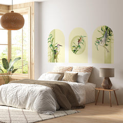Botanical Bird Arch Wall Decal Set – Bamboo and Heron Nature Mural in Soft Green Tones
