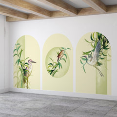 Botanical Bird Arch Wall Decal Set – Bamboo and Heron Nature Mural in Soft Green Tones