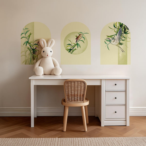 Botanical Bird Arch Wall Decal Set – Bamboo and Heron Nature Mural in Soft Green Tones