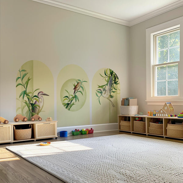 Botanical Bird Arch Wall Decal Set – Bamboo and Heron Nature Mural in Soft Green Tones