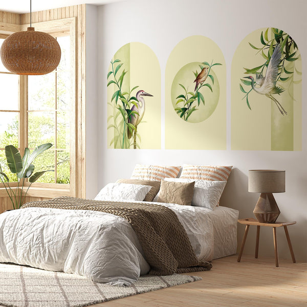 Botanical Bird Arch Wall Decal Set – Bamboo and Heron Nature Mural in Soft Green Tones