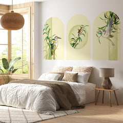 Botanical Bird Arch Wall Decal Set – Bamboo and Heron Nature Mural in Soft Green Tones