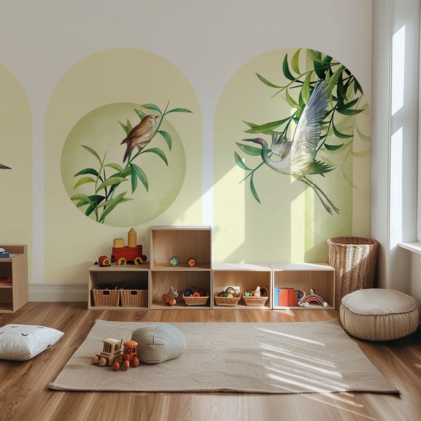Botanical Bird Arch Wall Decal Set – Bamboo and Heron Nature Mural in Soft Green Tones