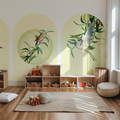 Botanical Bird Arch Wall Decal Set – Bamboo and Heron Nature Mural in Soft Green Tones