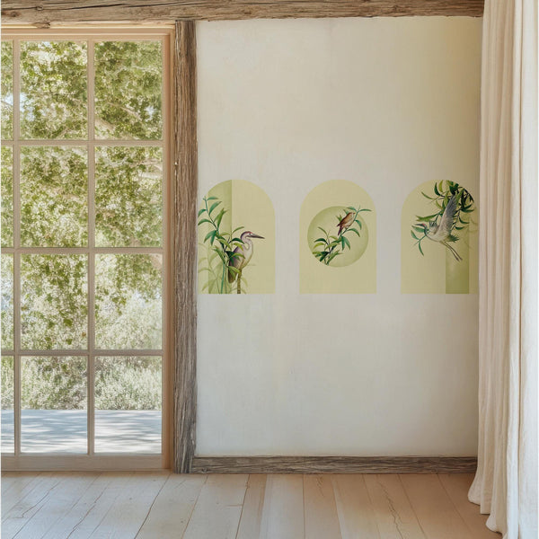 Botanical Bird Arch Wall Decal Set – Bamboo and Heron Nature Mural in Soft Green Tones