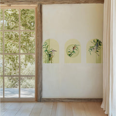 Botanical Bird Arch Wall Decal Set – Bamboo and Heron Nature Mural in Soft Green Tones