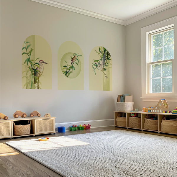 Botanical Bird Arch Wall Decal Set – Bamboo and Heron Nature Mural in Soft Green Tones