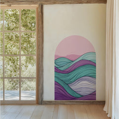 Colorful Abstract Wave Arch Wall Decal – Retro Pink Sky & Teal–Purple Flow Mural