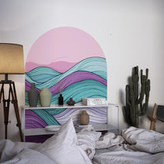 Colorful Abstract Wave Arch Wall Decal – Retro Pink Sky & Teal–Purple Flow Mural