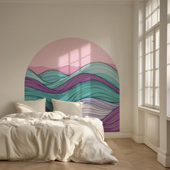 Colorful Abstract Wave Arch Wall Decal – Retro Pink Sky & Teal–Purple Flow Mural