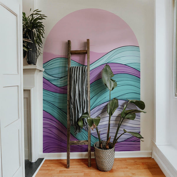 Colorful Abstract Wave Arch Wall Decal – Retro Pink Sky & Teal–Purple Flow Mural