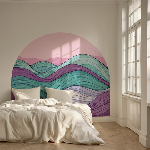 Colorful Abstract Wave Arch Wall Decal – Retro Pink Sky & Teal–Purple Flow Mural