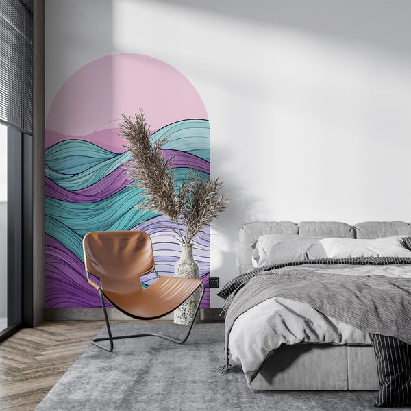 Colorful Abstract Wave Arch Wall Decal – Retro Pink Sky & Teal–Purple Flow Mural