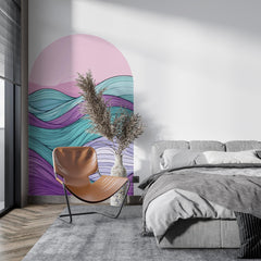 Colorful Abstract Wave Arch Wall Decal – Retro Pink Sky & Teal–Purple Flow Mural