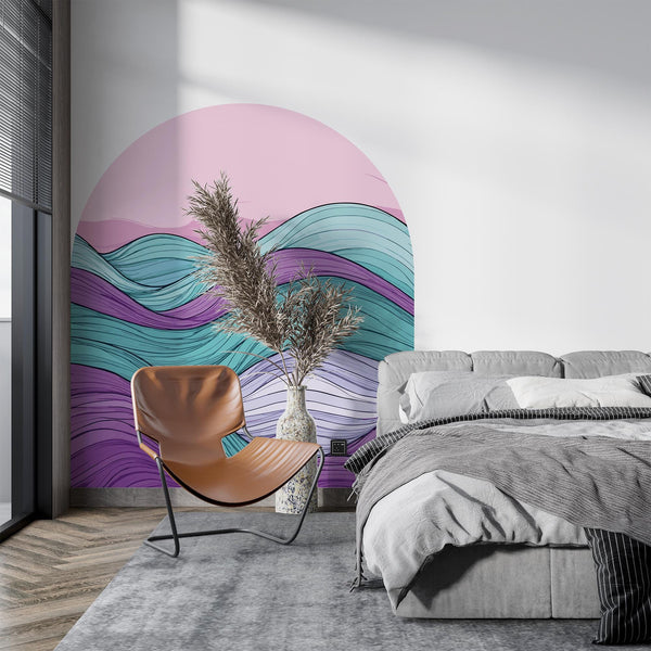 Colorful Abstract Wave Arch Wall Decal – Retro Pink Sky & Teal–Purple Flow Mural
