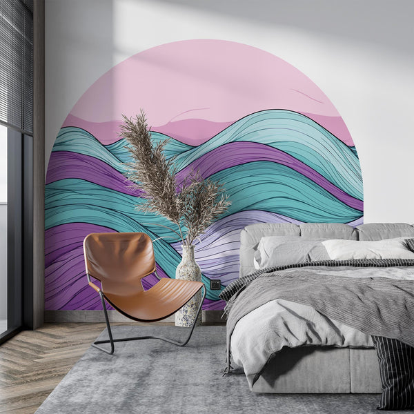 Colorful Abstract Wave Arch Wall Decal – Retro Pink Sky & Teal–Purple Flow Mural