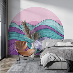 Colorful Abstract Wave Arch Wall Decal – Retro Pink Sky & Teal–Purple Flow Mural