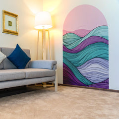 Colorful Abstract Wave Arch Wall Decal – Retro Pink Sky & Teal–Purple Flow Mural