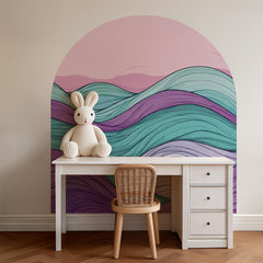 Colorful Abstract Wave Arch Wall Decal – Retro Pink Sky & Teal–Purple Flow Mural