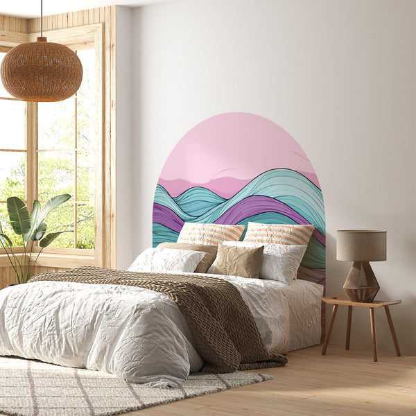 Colorful Abstract Wave Arch Wall Decal – Retro Pink Sky & Teal–Purple Flow Mural