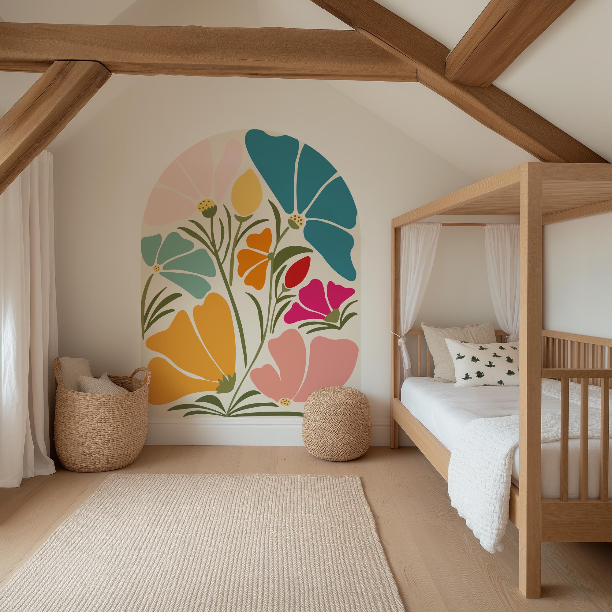 Colorful Floral Arch Wall Decal, Boho Flower Wall Sticker, Retro Botanical Peel & Stick Mural