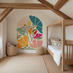 Colorful Floral Arch Wall Decal, Boho Flower Wall Sticker, Retro Botanical Peel & Stick Mural