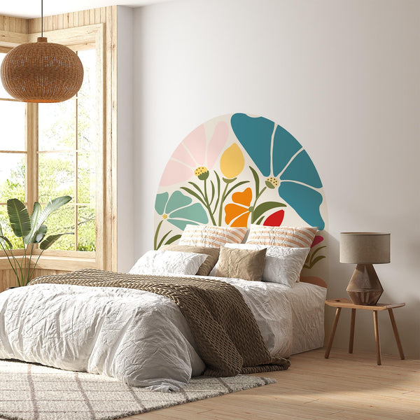 Colorful Floral Arch Wall Decal, Boho Flower Wall Sticker, Retro Botanical Peel & Stick Mural