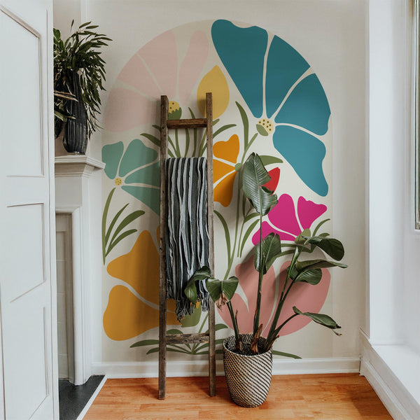 Colorful Floral Arch Wall Decal, Boho Flower Wall Sticker, Retro Botanical Peel & Stick Mural