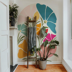 Colorful Floral Arch Wall Decal, Boho Flower Wall Sticker, Retro Botanical Peel & Stick Mural