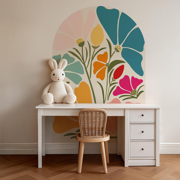Colorful Floral Arch Wall Decal, Boho Flower Wall Sticker, Retro Botanical Peel & Stick Mural