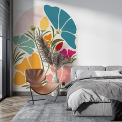 Colorful Floral Arch Wall Decal, Boho Flower Wall Sticker, Retro Botanical Peel & Stick Mural