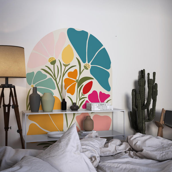 Colorful Floral Arch Wall Decal, Boho Flower Wall Sticker, Retro Botanical Peel & Stick Mural